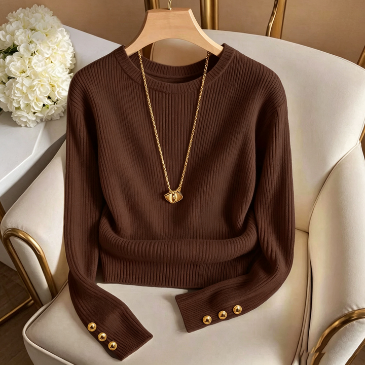 Crew Neck Long Sleeve Button Knit Sweater