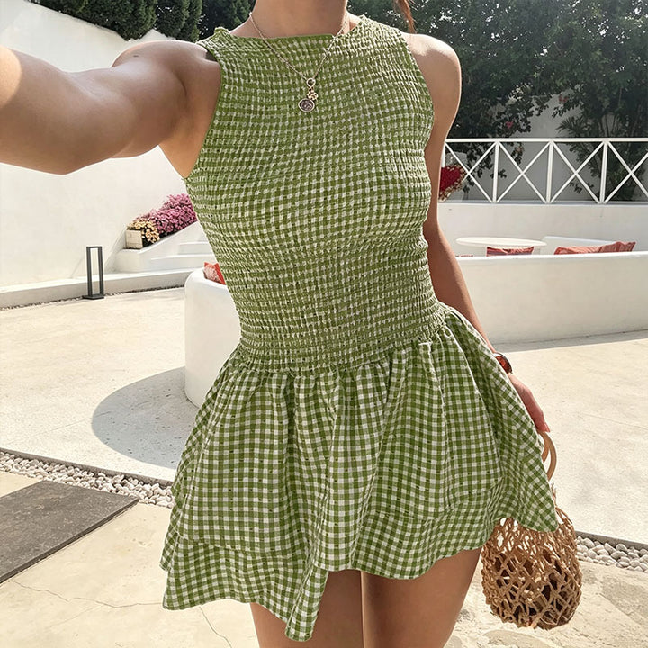 Sleeveless Plaid Dress with Pleated Waist