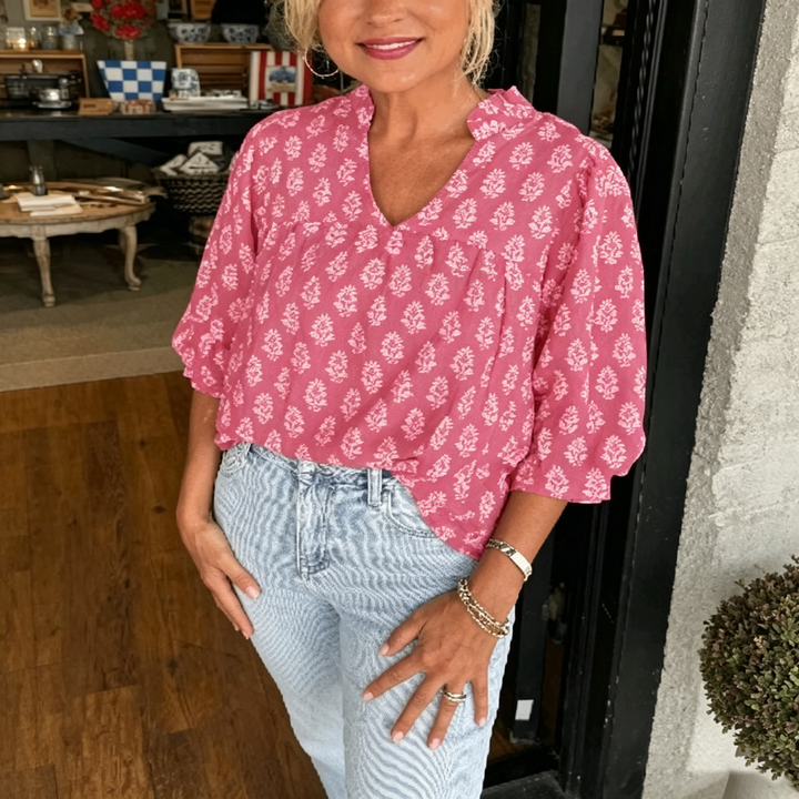 Floral V Neck Puff Sleeve Blouse