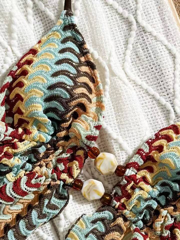 Bohemian Wave Knit Triangle Bikini Set with Shell Accents