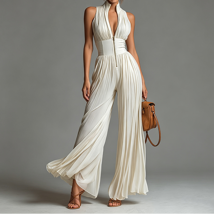 Sexy Zip Front Chiffon Pleated Wide Leg Jumpsuit