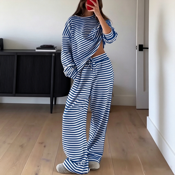 Cozy Striped Long‑Sleeve Casual Loungewear Set