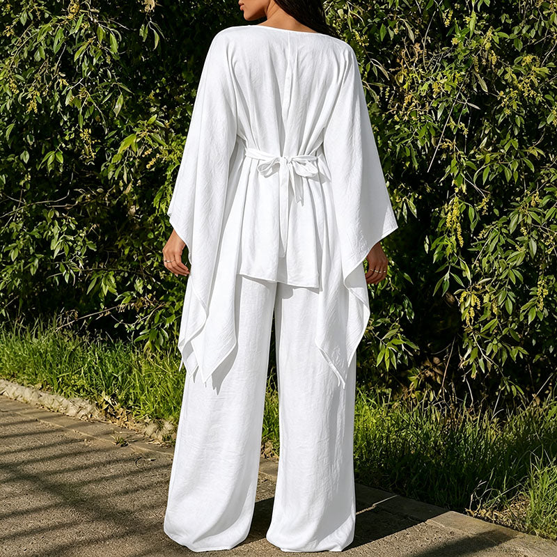 Batwing-sleeve top and wide-leg trousers two-piece set
