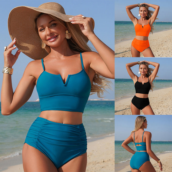V-neck high-waisted pleated two-piece bikini set