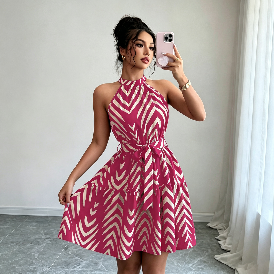 Halter Neck Tie Waist Swing Mini Dress