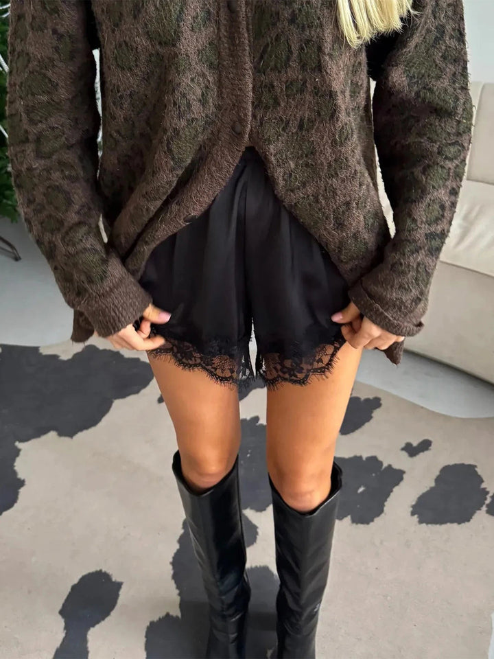 Satin Lounge Shorts with Eyelash Lace Trim, Elastic Waist Pajama Shorts
