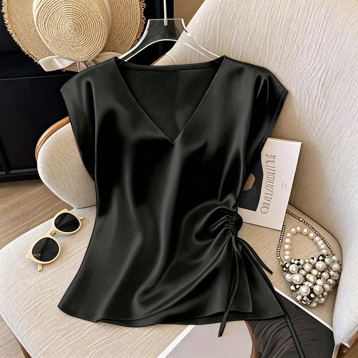 Satin V Neck Cap Sleeve Drawstring Top