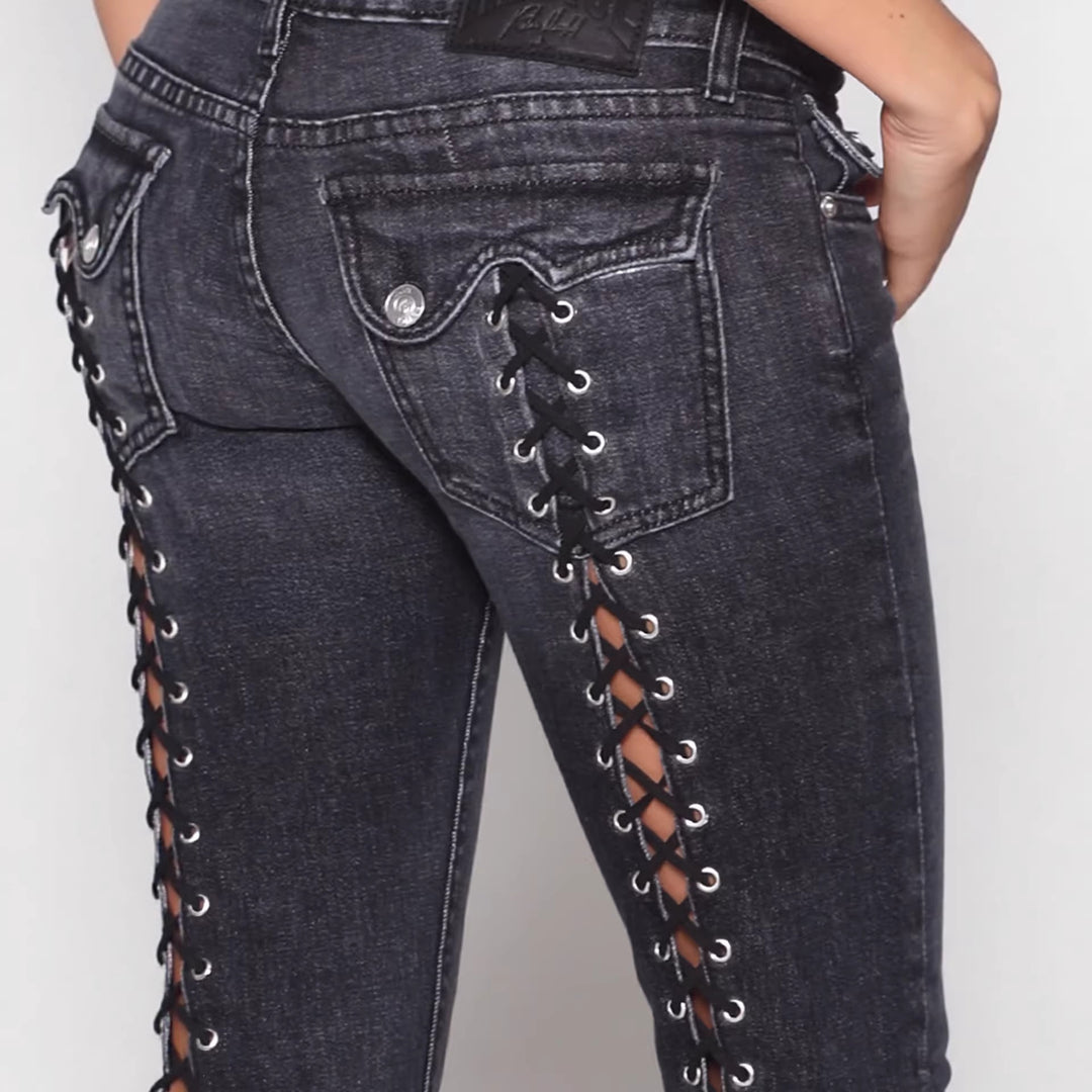 Black Low-Rise Lace-Up Flare Jeans