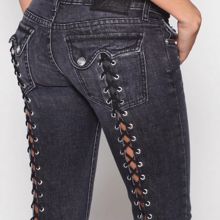 Black Low-Rise Lace-Up Flare Jeans
