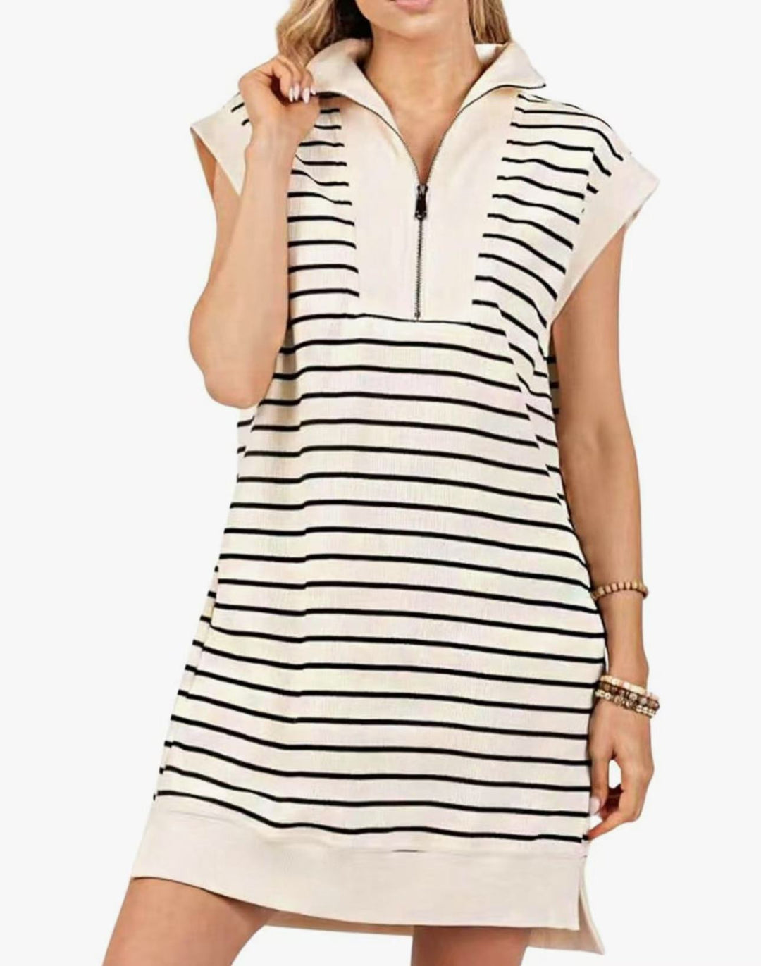 Breton Stripe Half-Zip Cap Sleeve Shift Dress