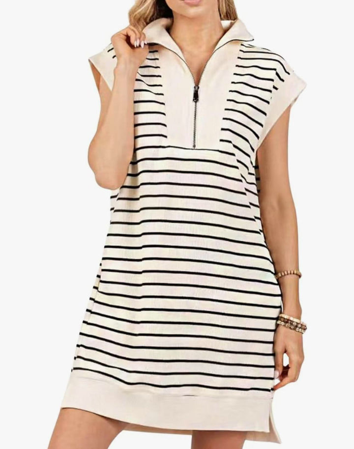 Breton Stripe Half-Zip Cap Sleeve Shift Dress