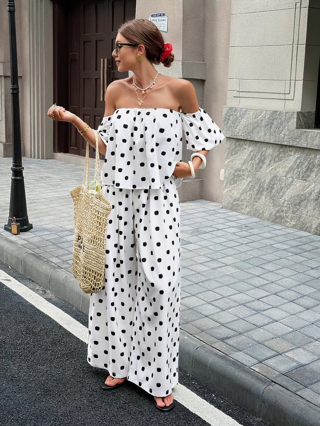 White Polka Dot Off-Shoulder Two-Piece Set