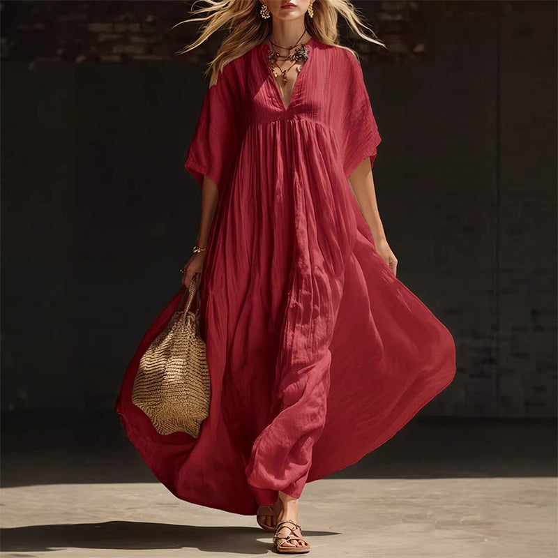 Solid color loose-fitting beach vacation long V-neck dress