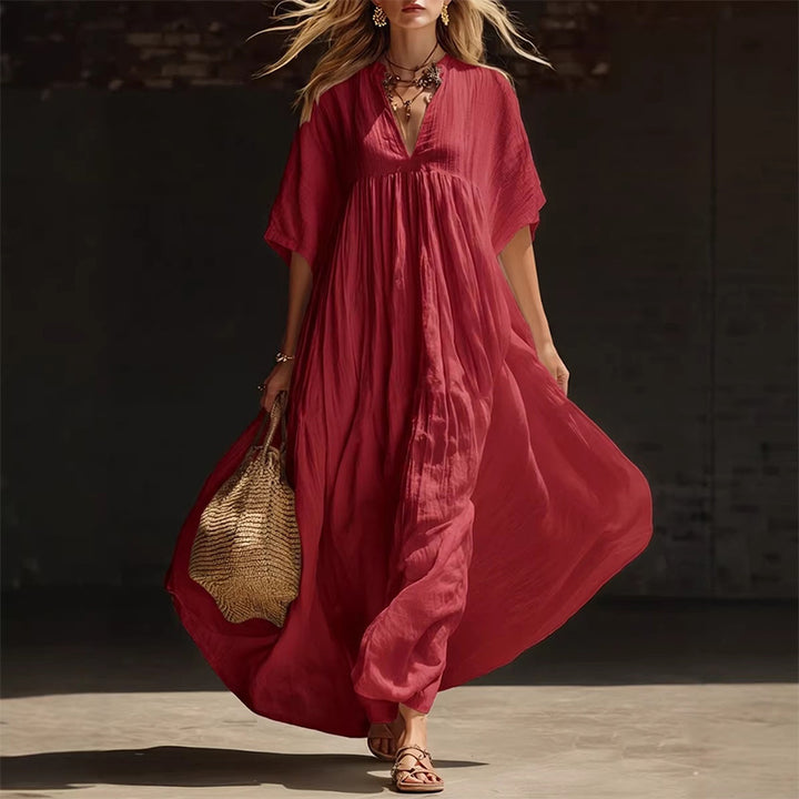 Solid color loose-fitting beach vacation long V-neck dress