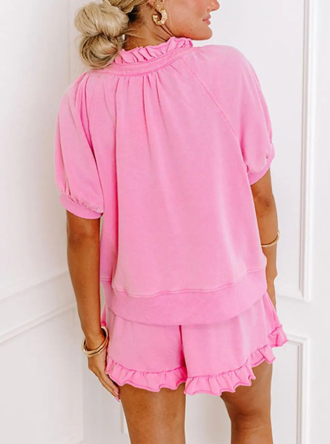 Women 2 Piece Lounge Sets Casual Short Sleeve Outfits Half Zip Puff Sleeve Top and Ruffled Shorts Set