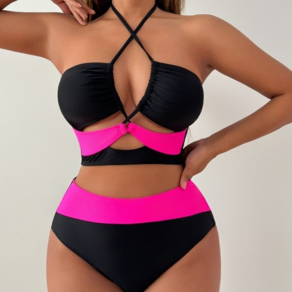 Black &amp;amp; Hot Pink Color-Block Cutout Bikini Set