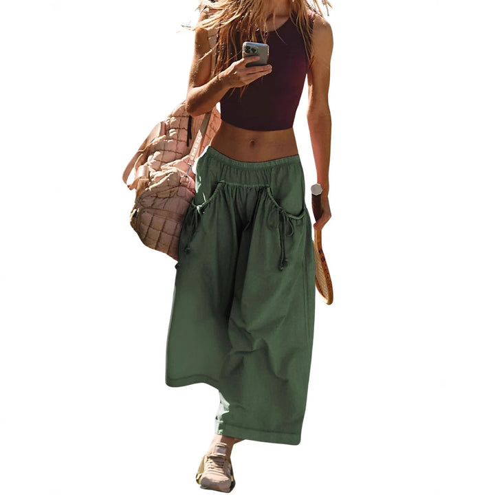Gray Elastic Waist Drawstring Pocket Wide Leg Cropped Culotte Pants