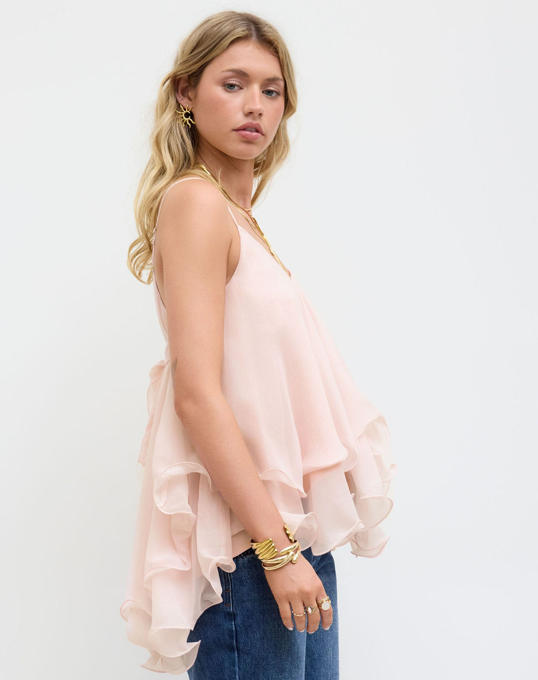 Mother’s Day Blush Pink Ruffle Cami Top | V-Neck Chiffon Tie-Back Babydoll Tank