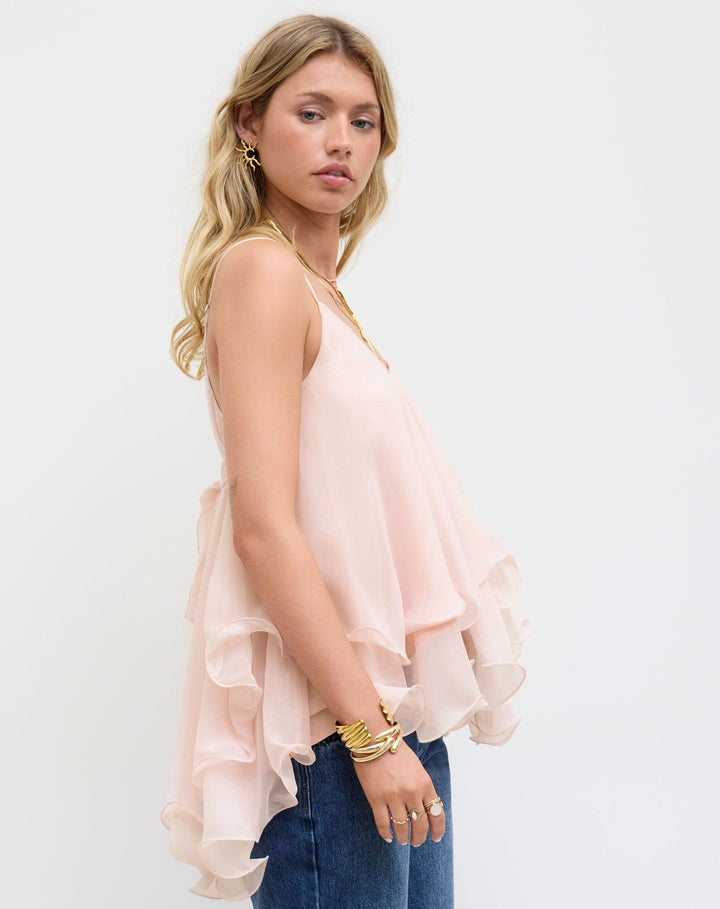 Mother’s Day Blush Pink Ruffle Cami Top | V-Neck Chiffon Tie-Back Babydoll Tank