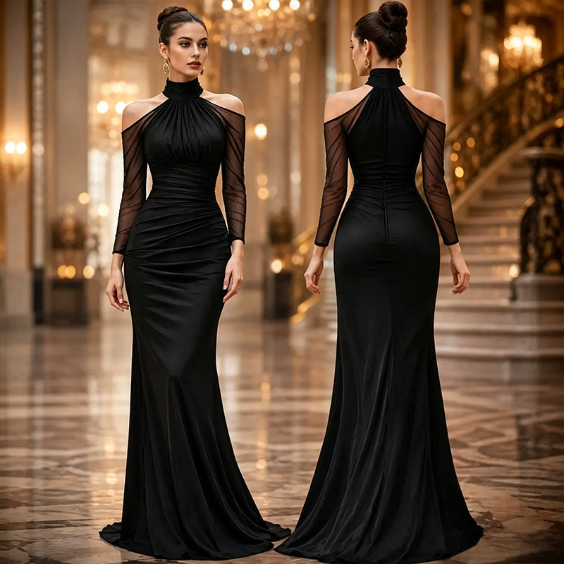 Halter-neck off-shoulder long-sleeve dress