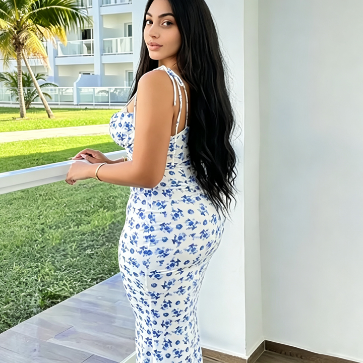 Floral Tie‑Strap Mermaid Maxi Dress