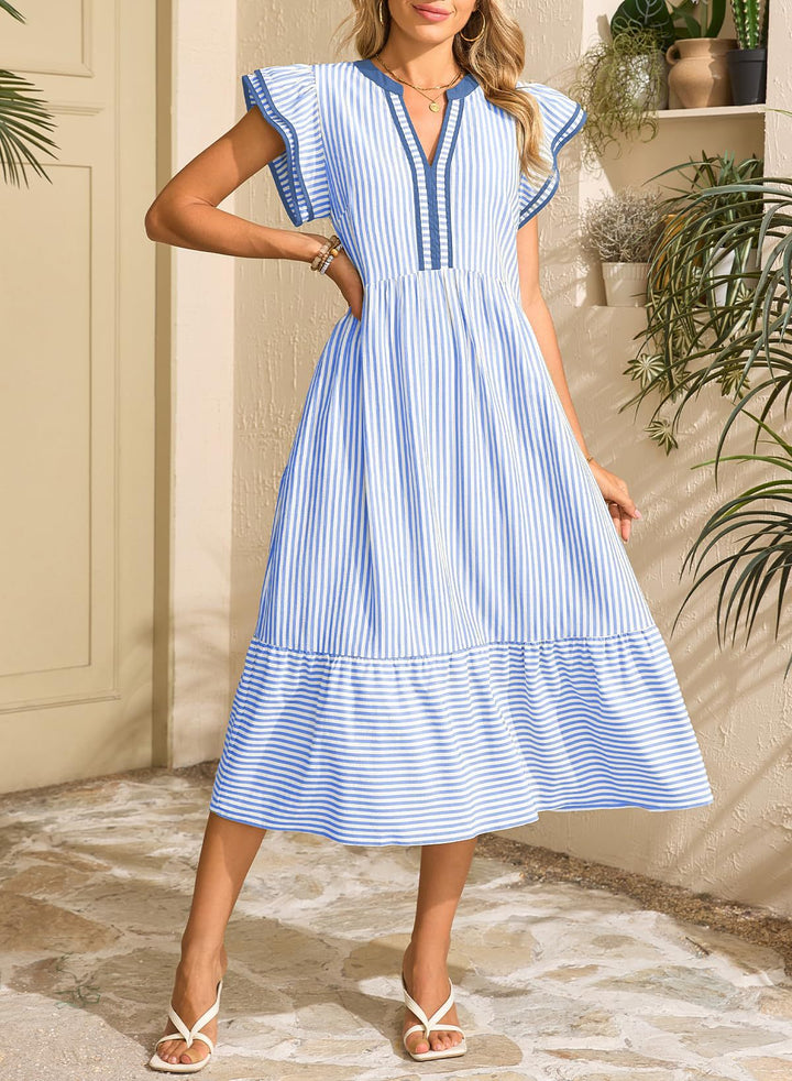 Striped Flutter Sleeve Tiered Midi Dress, Casual V-Neck Summer Dress with Pockets
