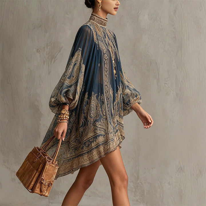 High-neck printed loose chiffon dress