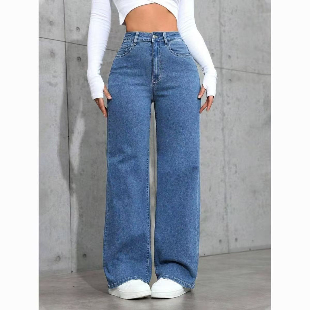 High-Waisted Wide Leg Blue Jeans, Casual Full-Length Denim Pants