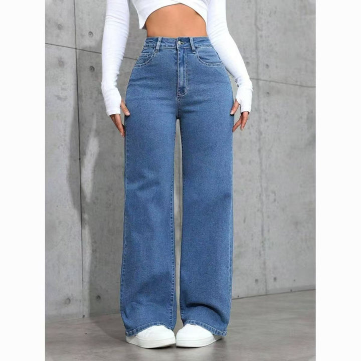 High-Waisted Wide Leg Blue Jeans, Casual Full-Length Denim Pants
