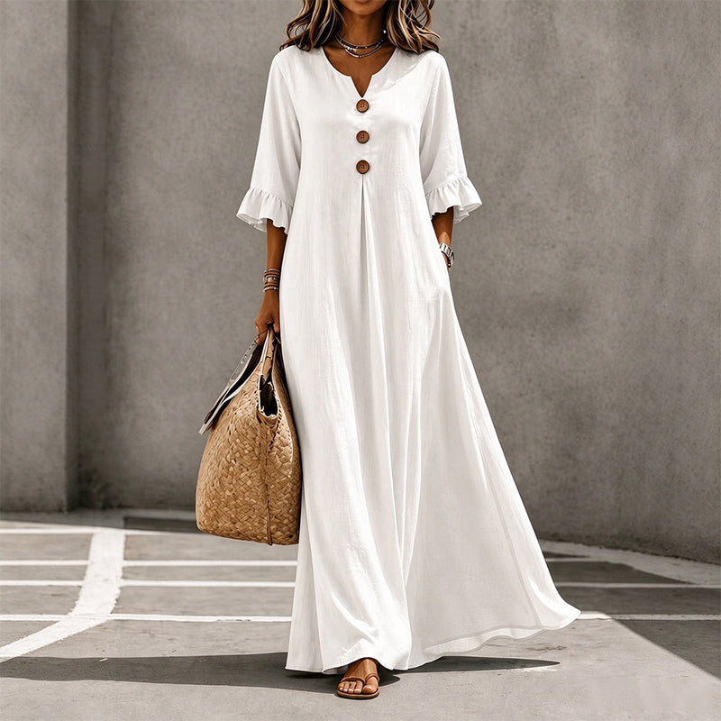 V-neck woven button-down ruffle sleeve long dress