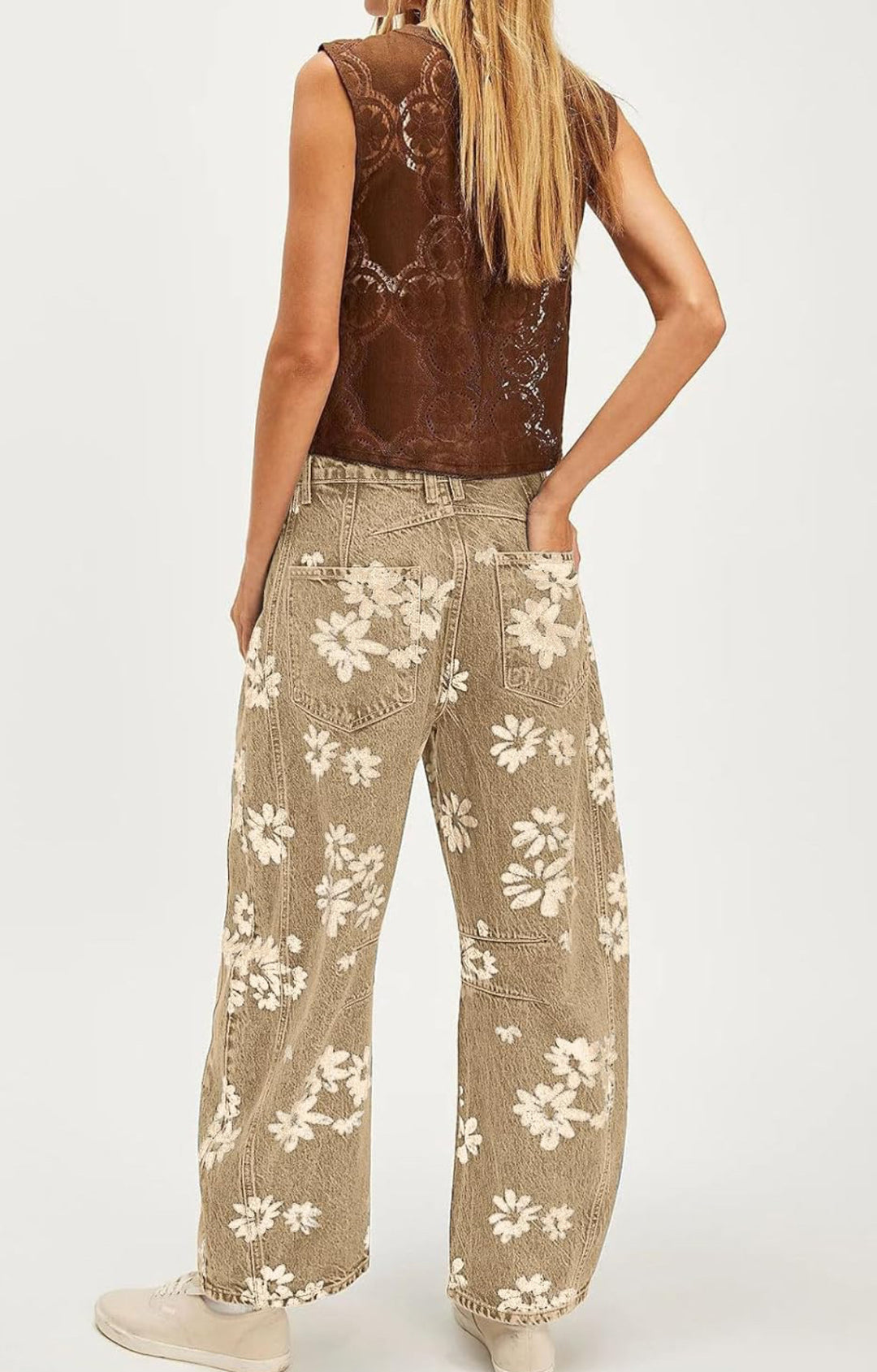 Women Y2k Distressed Barrel Jeans Baggy Wide Leg Jeans Floral Printed Boyfriend Patchwork Denim Pants