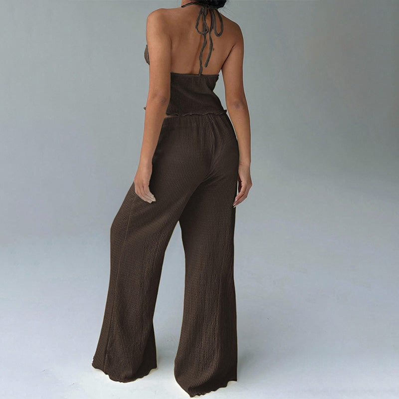 Halter-neck textured top and trousers set