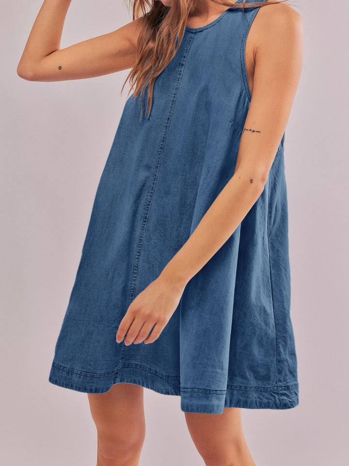 Backless Denim Mini Babydoll Dress with Pockets