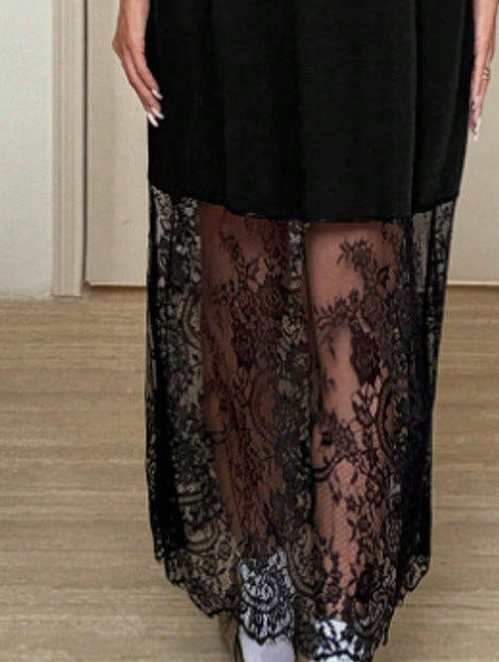 Black Oversized T-Shirt Maxi Dress with Lace Hem, Casual Layered Look