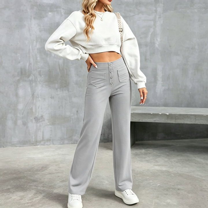 Solid color high-waisted straight leg pants