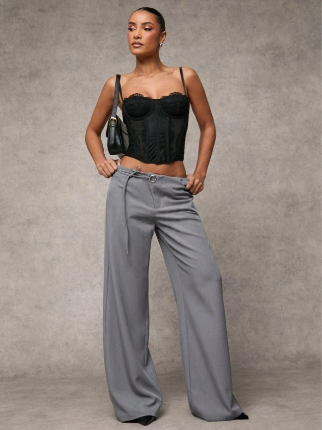 Low-Rise Tie Waist Wide Leg Trousers | Tailored Flare Pants with Metal Ring Detail for Women