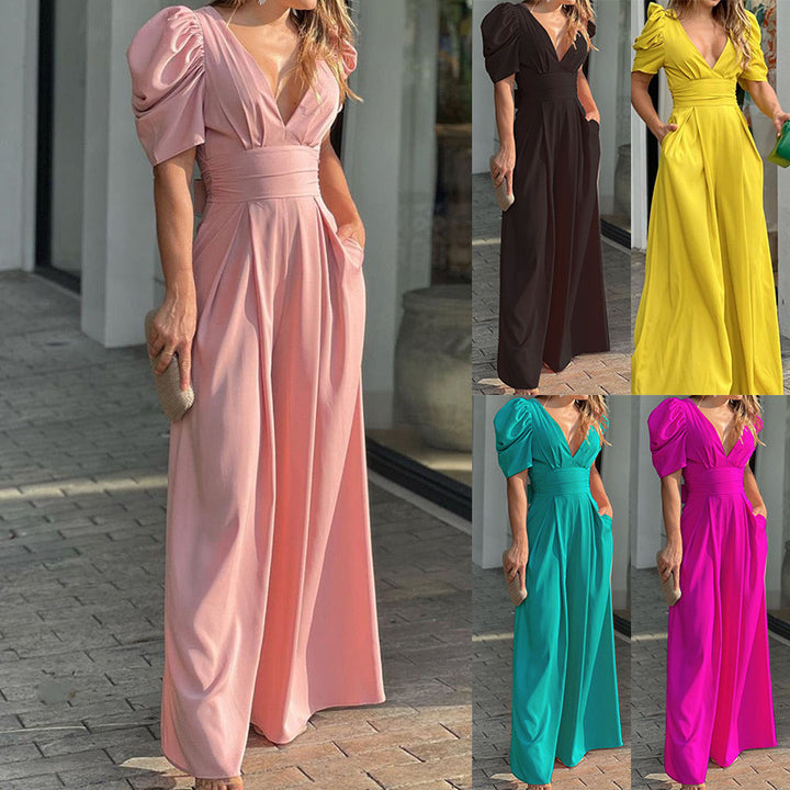 Puff Sleeve V-Neck Wide-Leg Jumpsuit