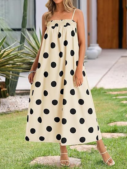 Womens Summer Polka Dot Spaghetti Strap Maxi Dress with Pockets