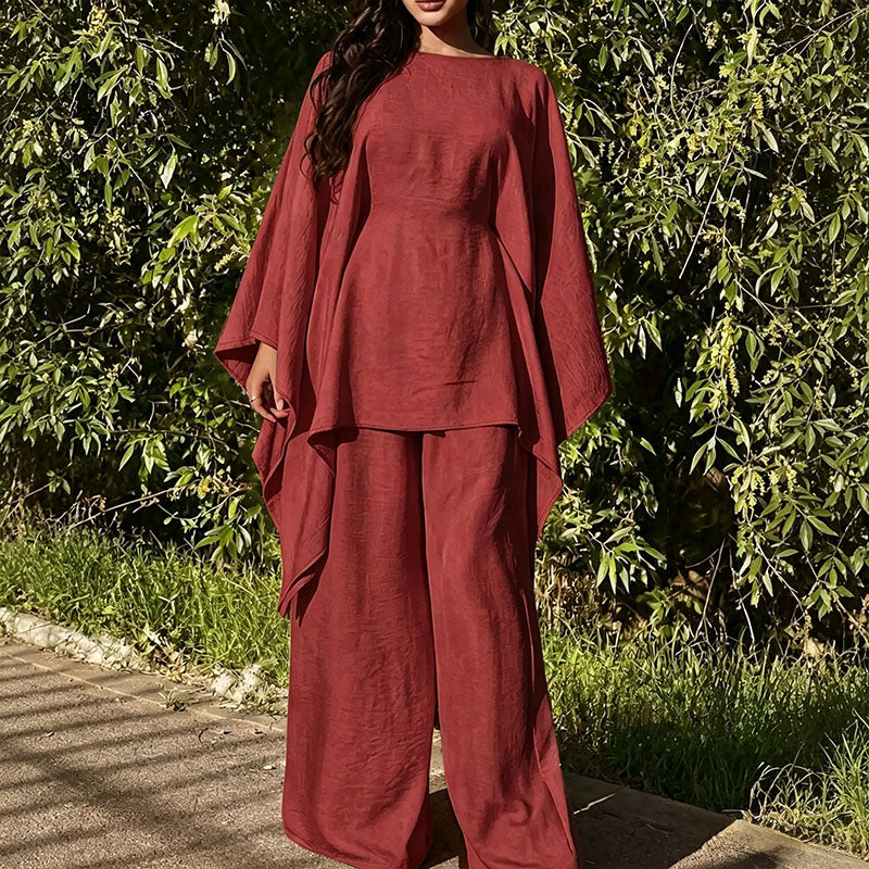 Batwing-sleeve top and wide-leg trousers two-piece set
