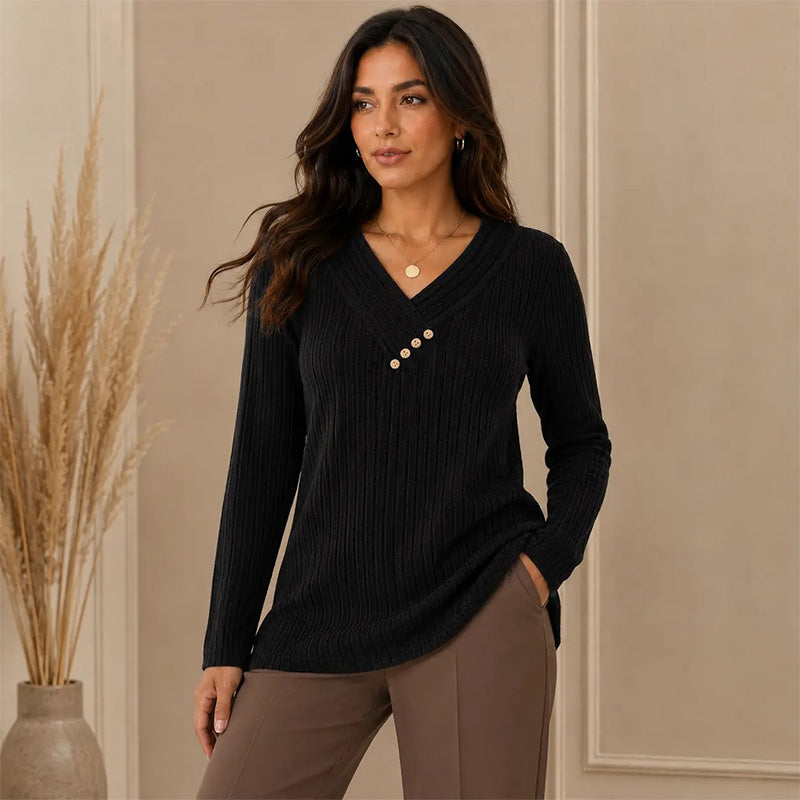 V-neck button-down long-sleeved shirt sweater