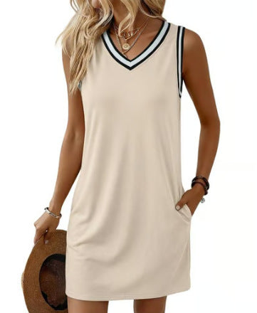 Contrast Piping Sleeveless V Neck Mini Athletic T-Shirt Dress With Pockets