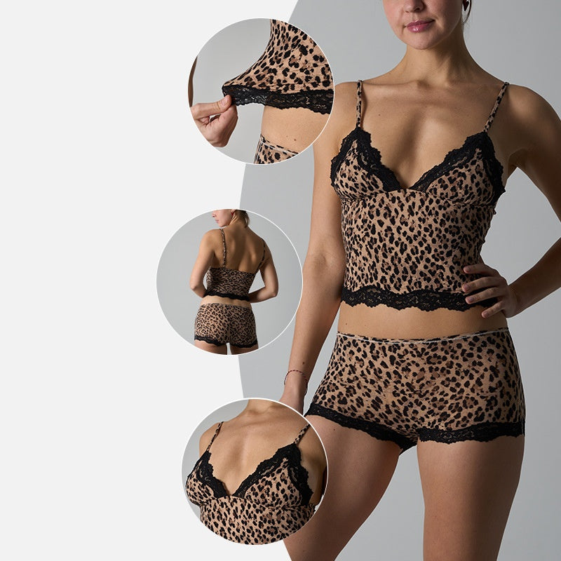 Leopard Print Lace Trim Lingerie Set