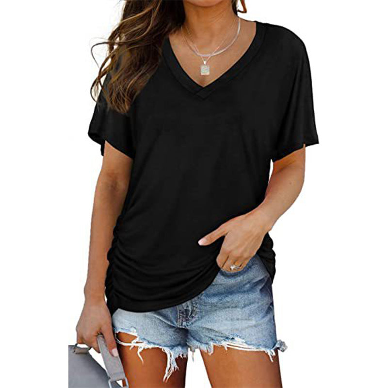 V-neck solid color batwing sleeve ruched short sleeve