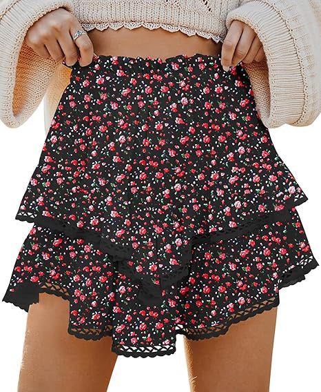 Floral Tiered Ruffle Mini Skirt with Lace Trim