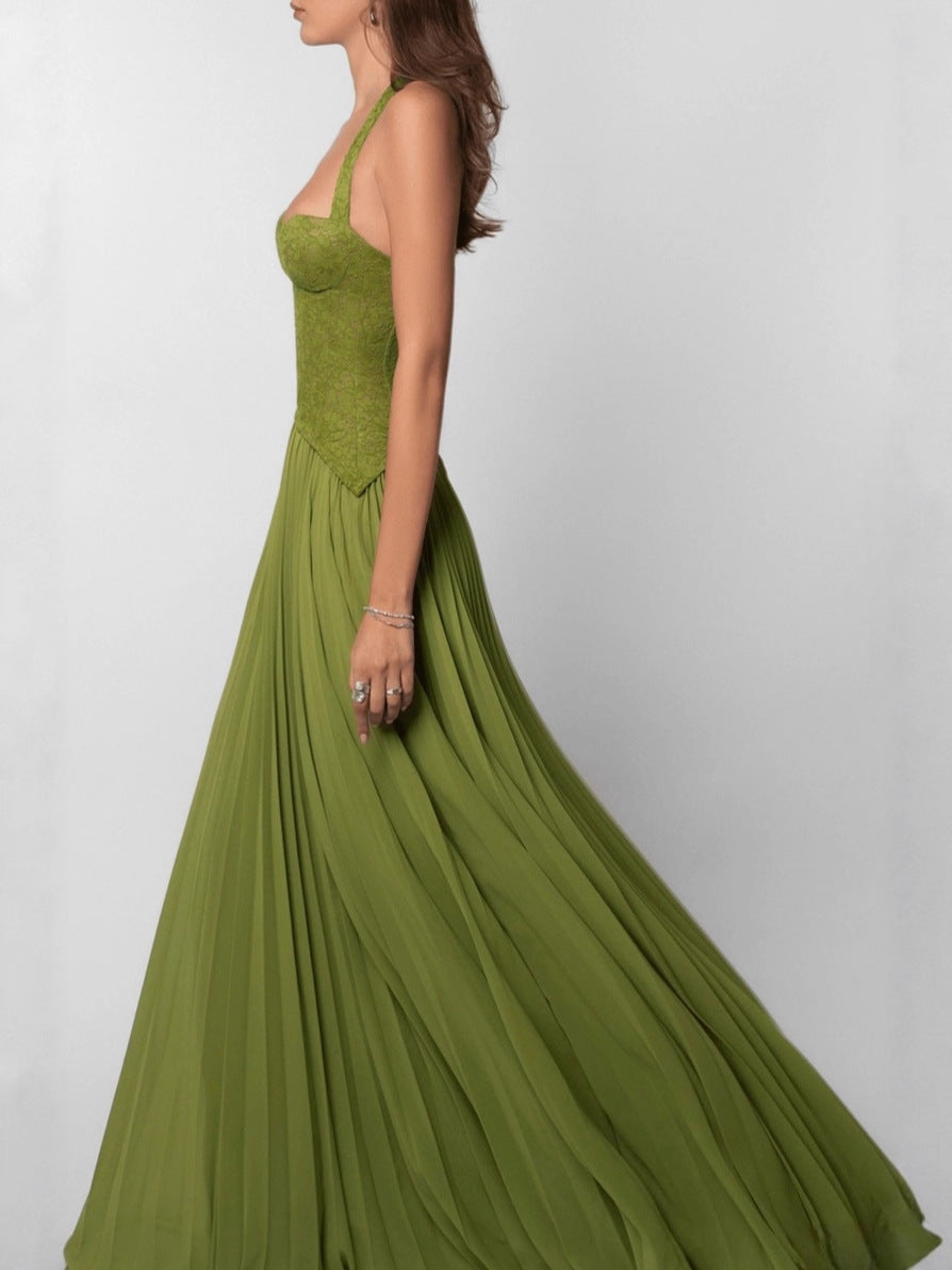 Olive Green Lace Halter Pleated Maxi Dress