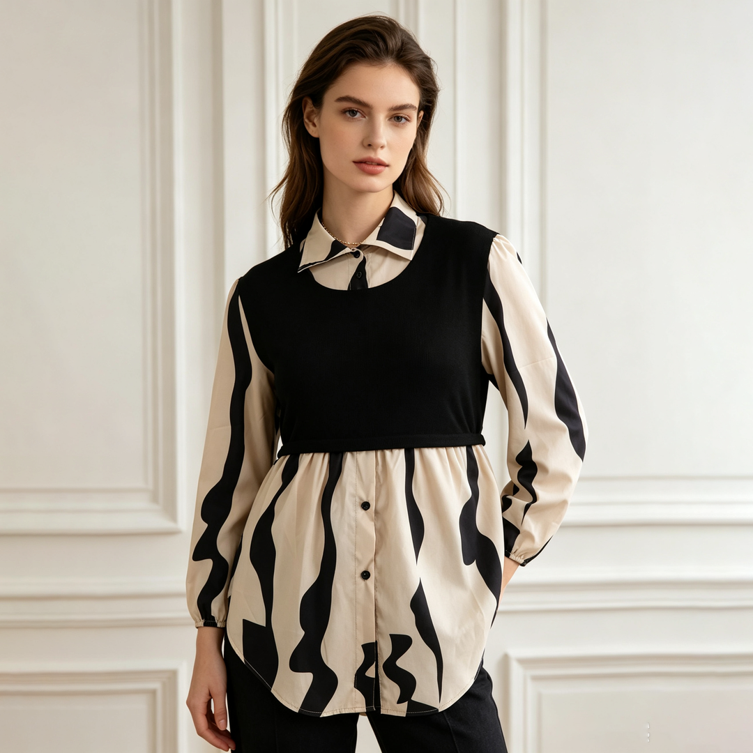 Panel Collar Peplum Abstract Pattern Shirt