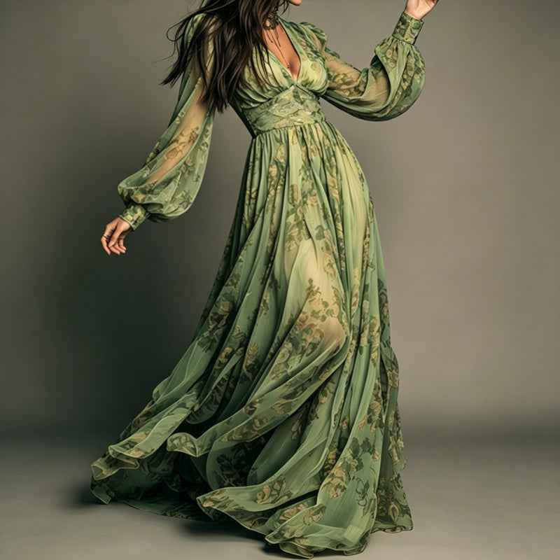 Floral V Neck Long Sleeve Bohemian Maxi Dress