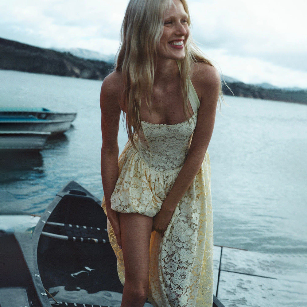 White Lace Halter Neck Midi Dress