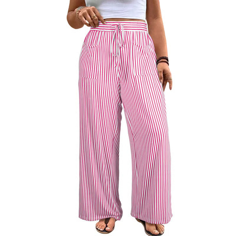 Striped Drawstring Wide Leg Pants With Pockets