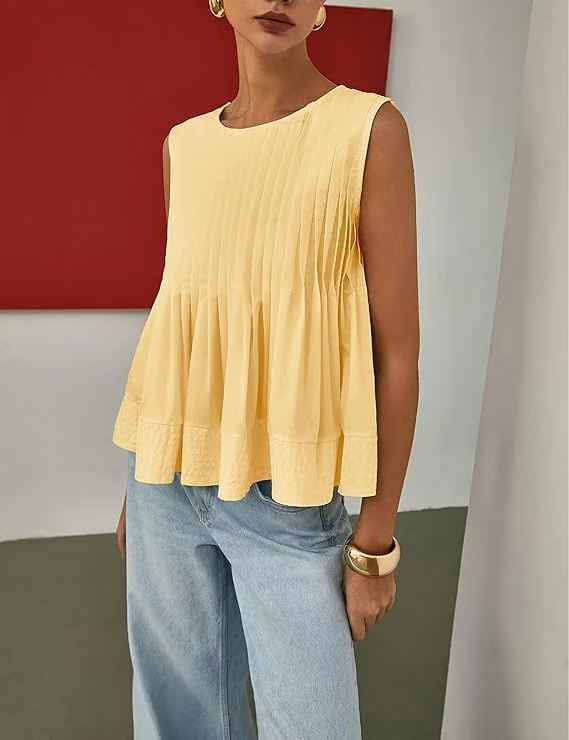 Pleated Peplum Sleeveless Blouse, Round Neck Flowy Summer Top